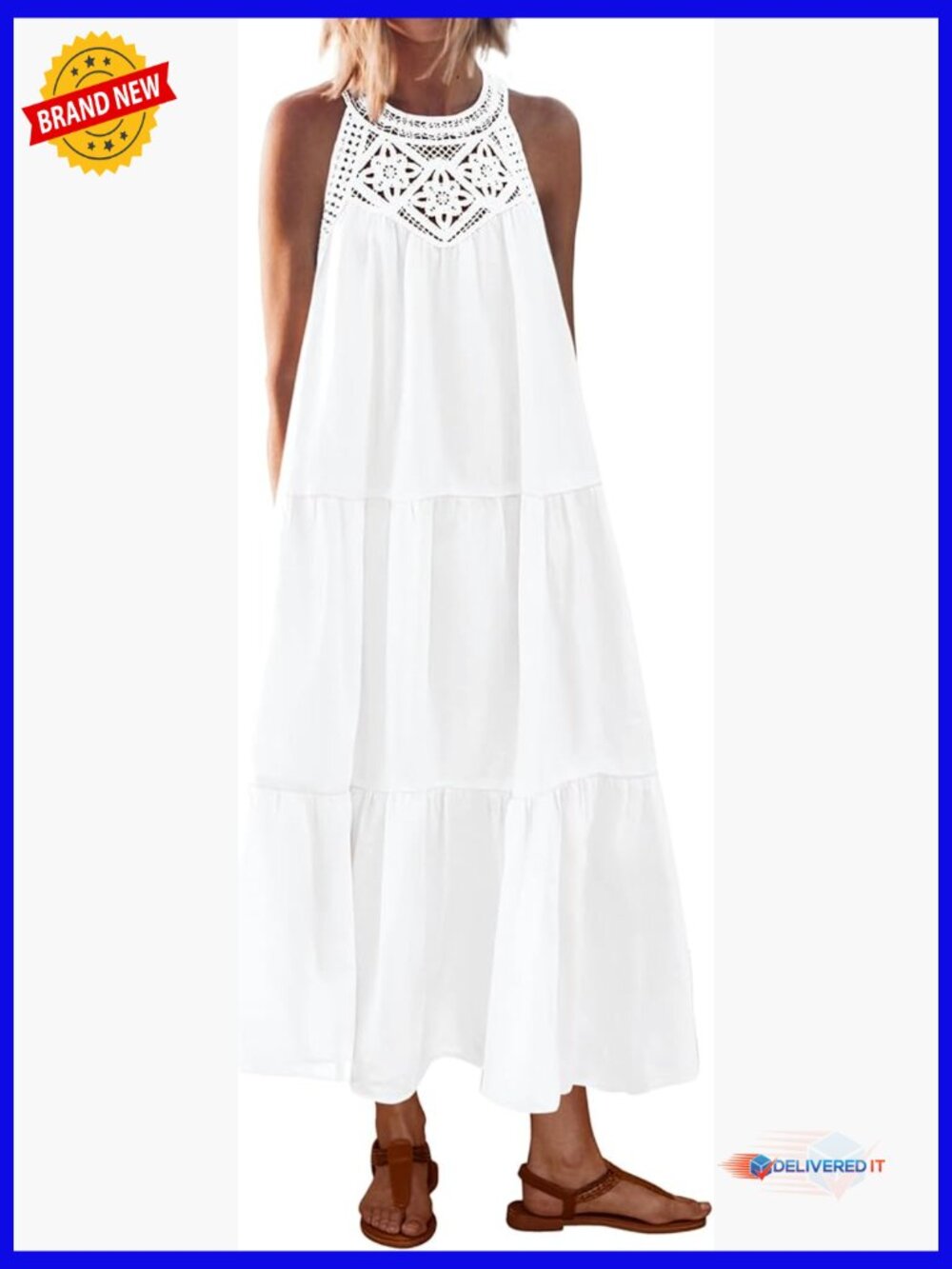 Halter Hollow Out Sleeveless Maxi Sundress with Pockets